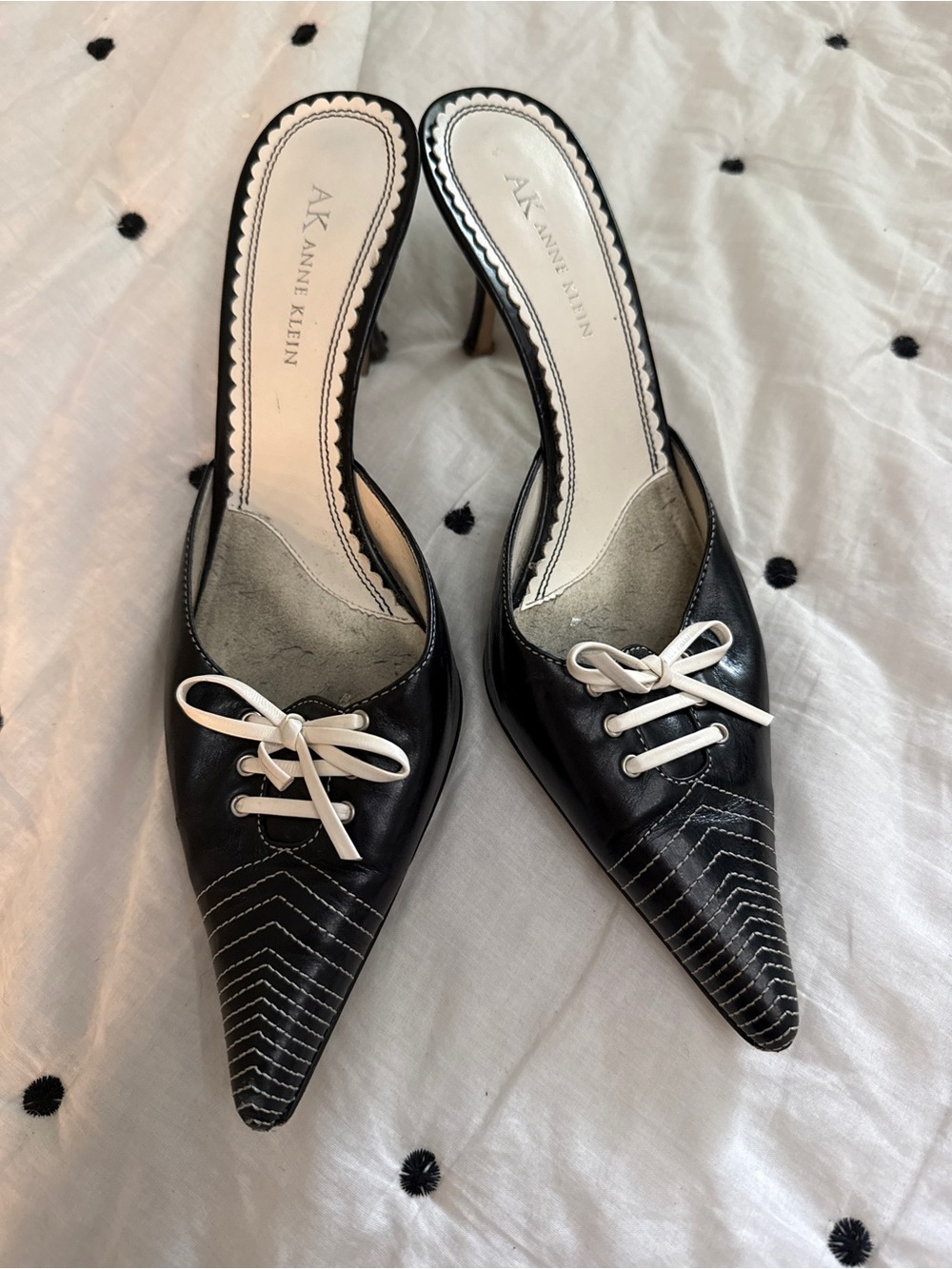 Vintage Anne Klein Black Mules with White Lace-Up Detail